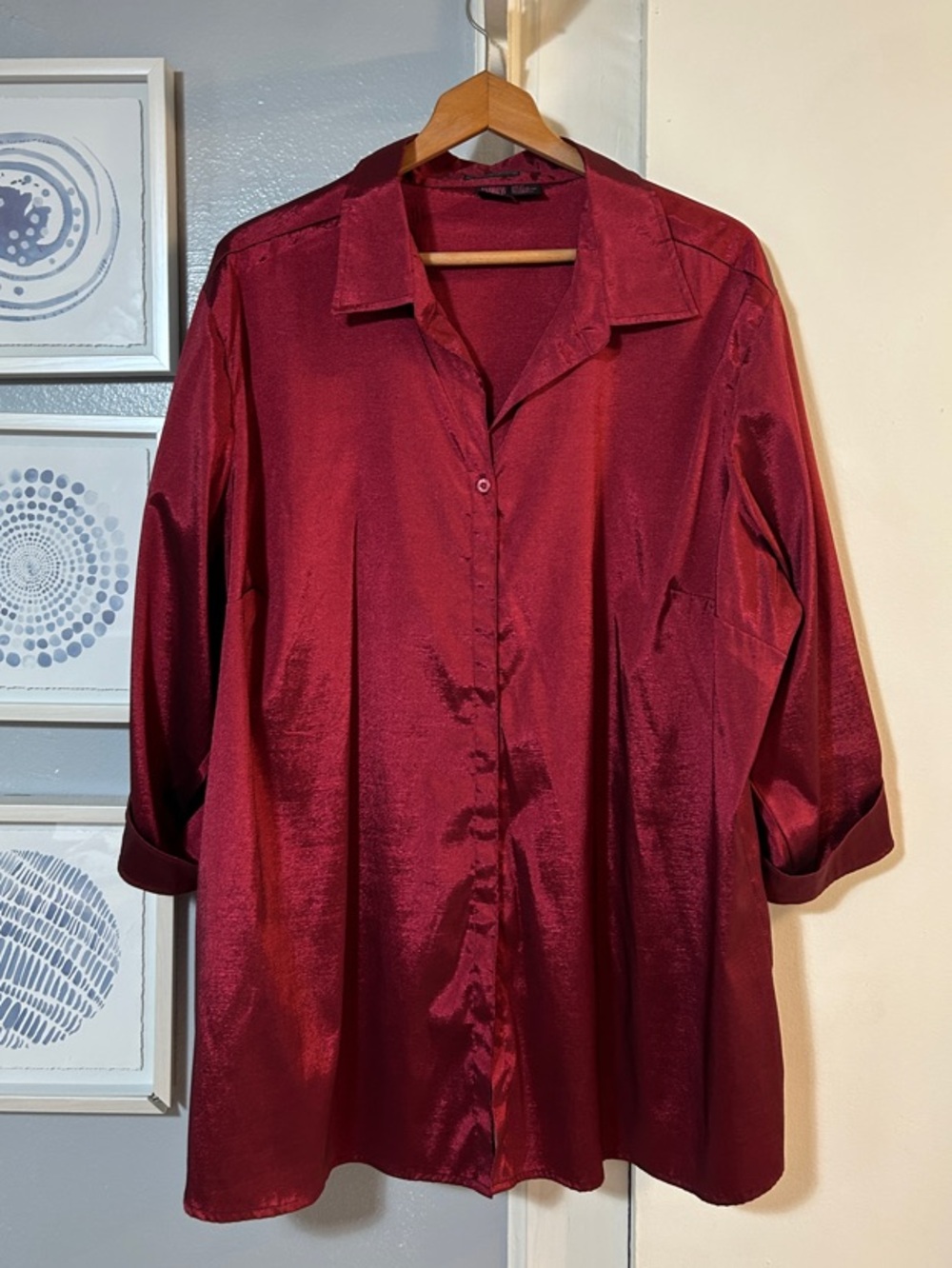 Andrew & Co. Plus Stretch Hidden Button Up 3/4 Sleeve Blouse Burgundy Size 3X